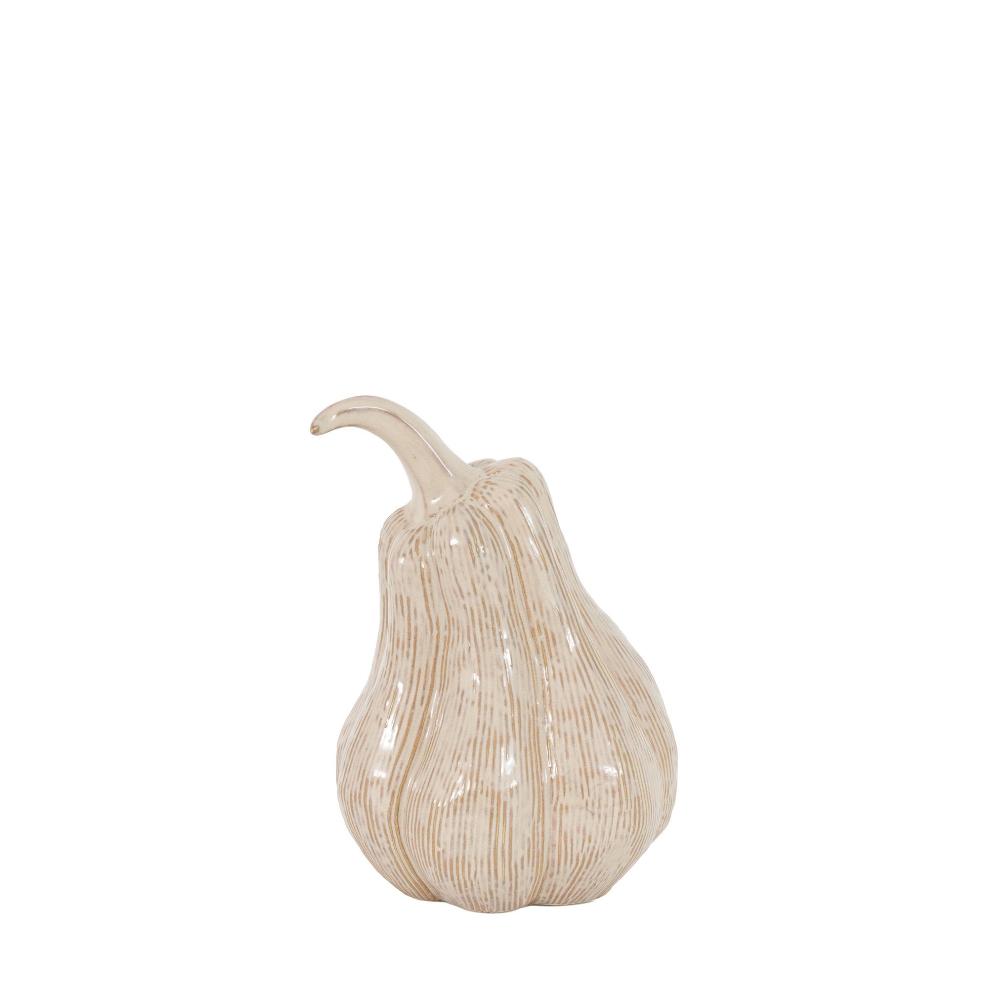A light beige ceramic gourd with subtle vertical ridges and a curved stem, against a white background.