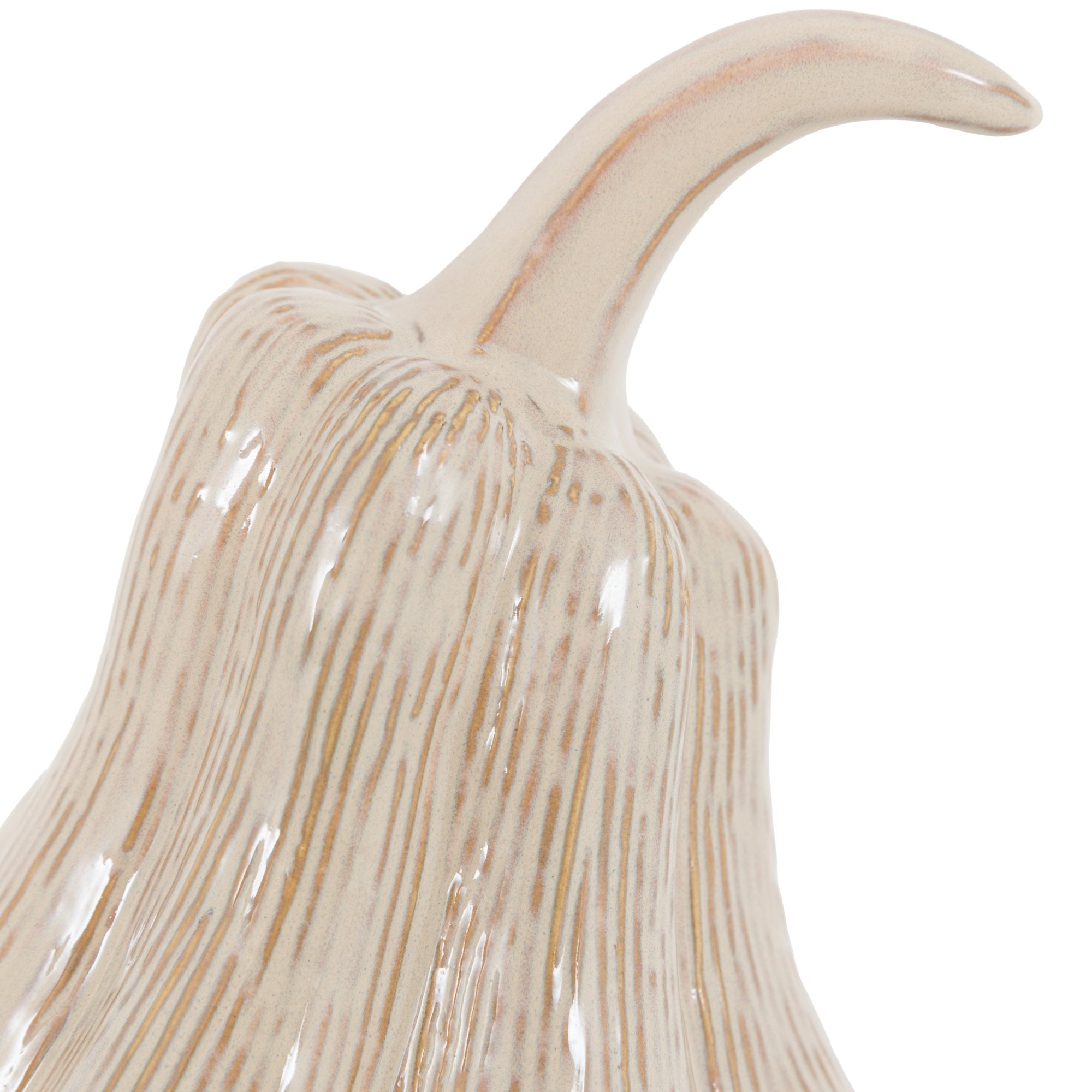 Close-up of the curved stem and textured top of a light beige ceramic gourd.