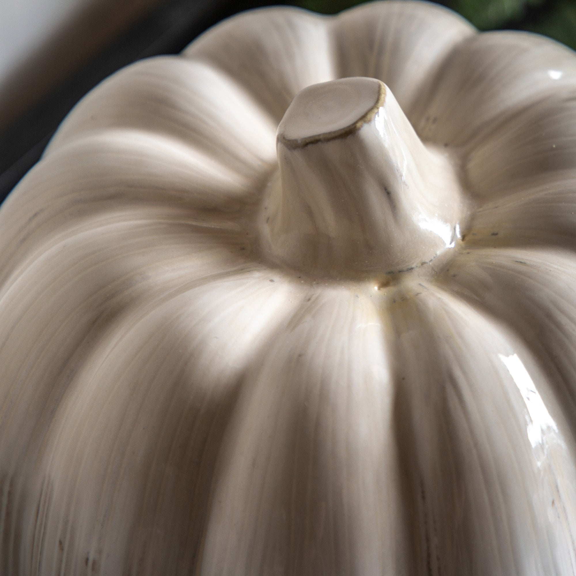 Detailed view of the pumpkin's stem and ridges, highlighting its glossy finish.