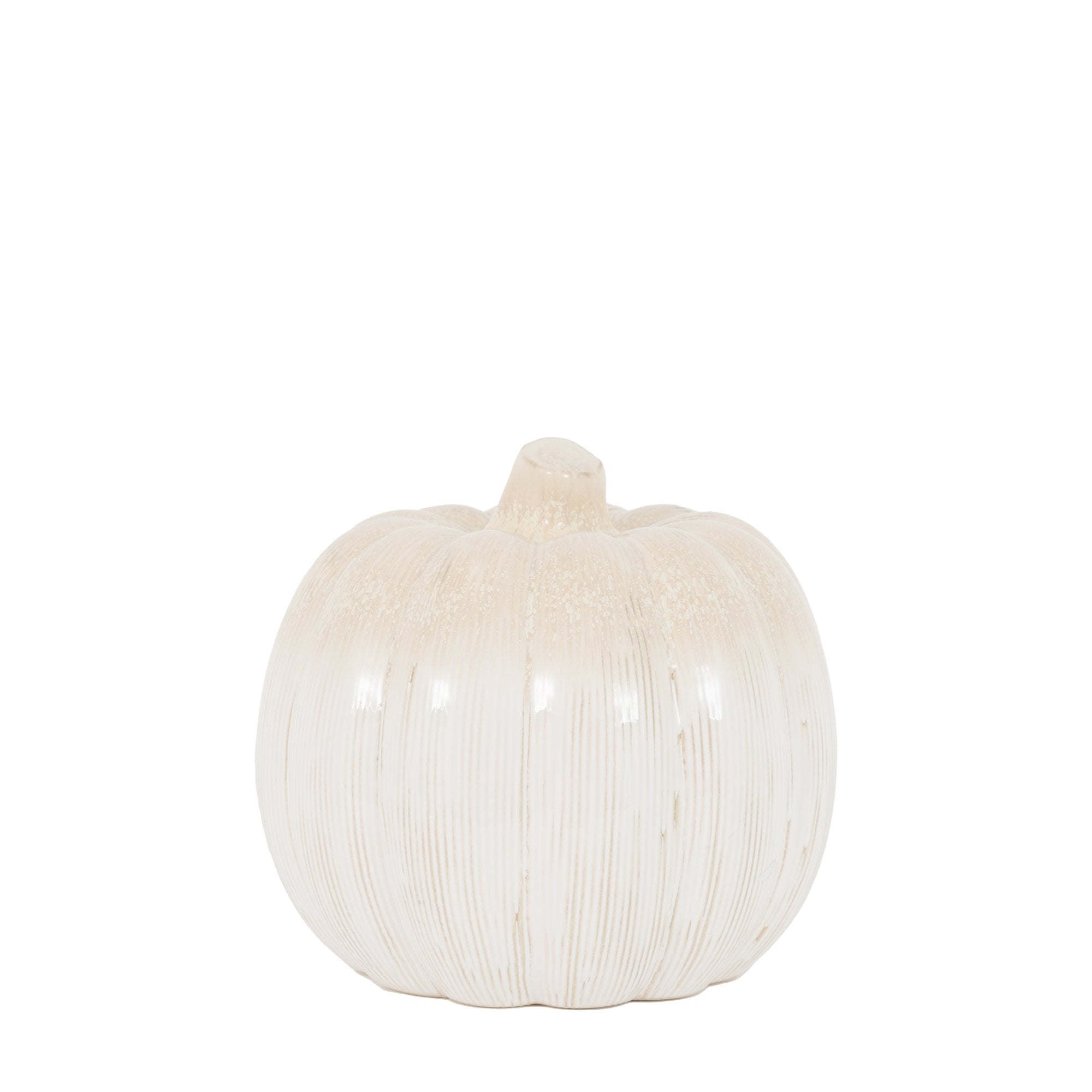 Front view of a petite white pumpkin with a delicate glazed finish, perfect for shelves.
