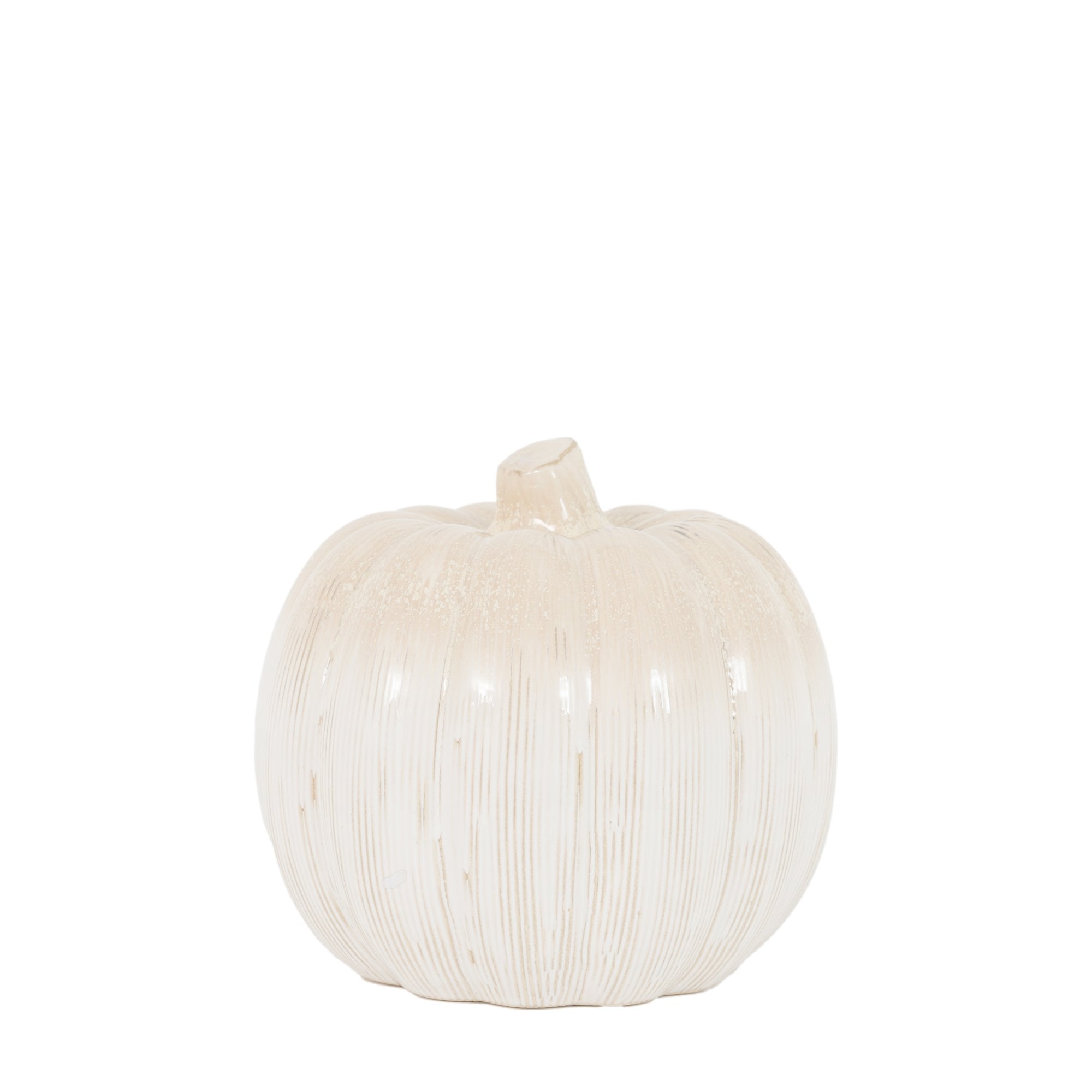 Charming white pumpkin featuring a subtle distressed look, enhancing any room.