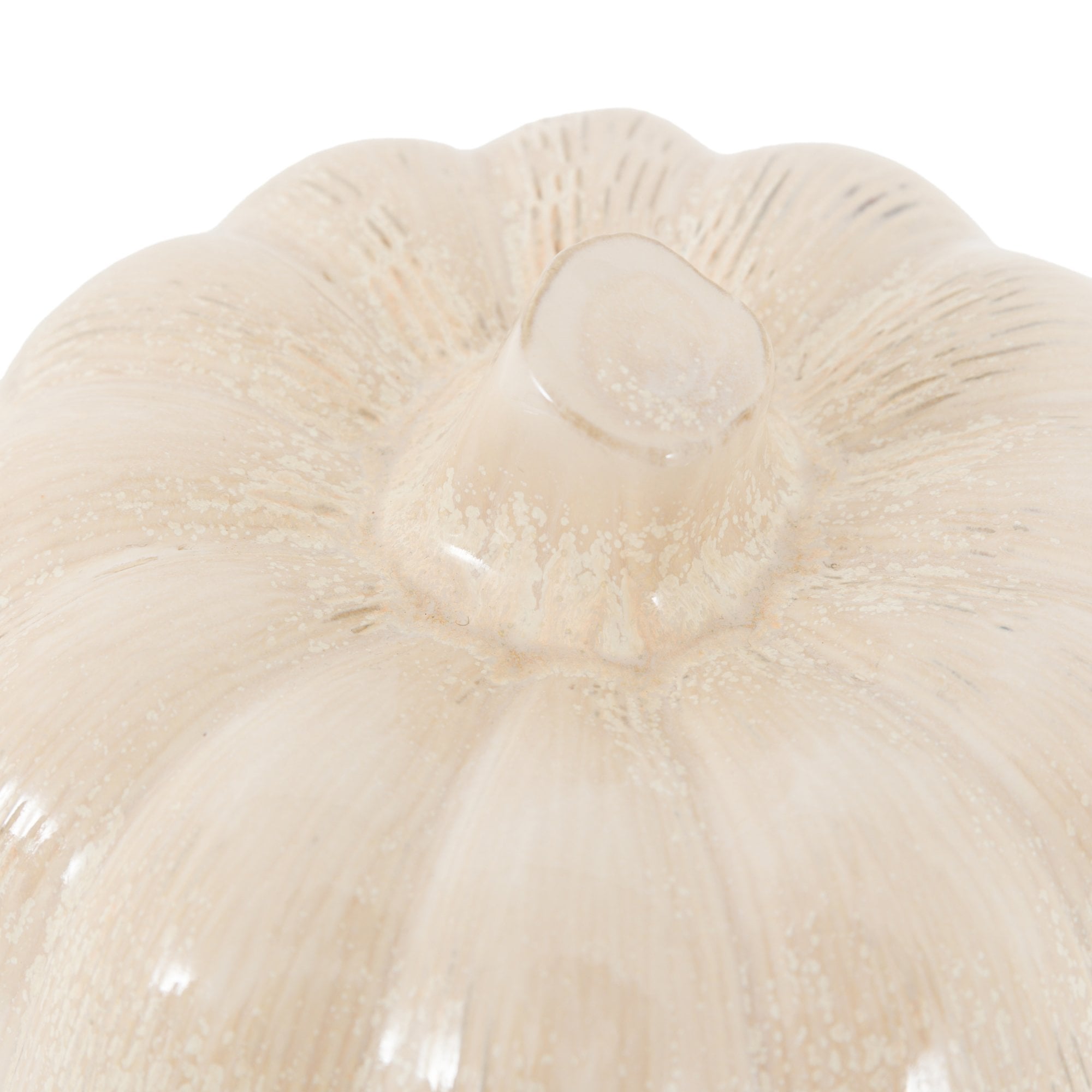 Top-down view of the white pumpkin, highlighting the stem and ribbed details.
