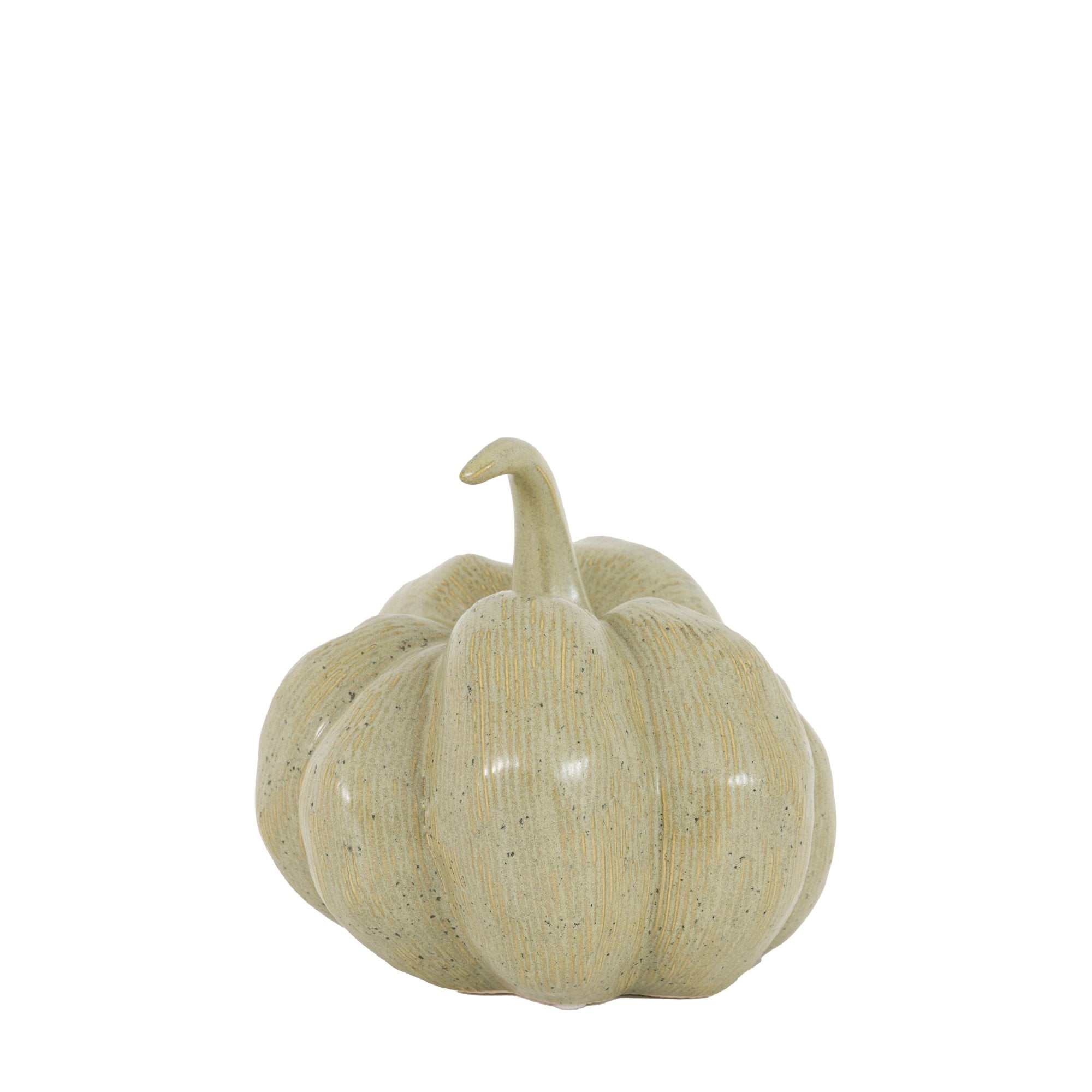 Textured light green ceramic pumpkin angled slightly to the right.