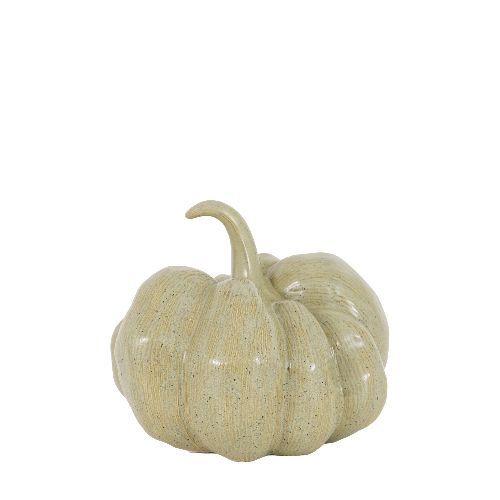 Textured light green ceramic pumpkin with subtle speckles.