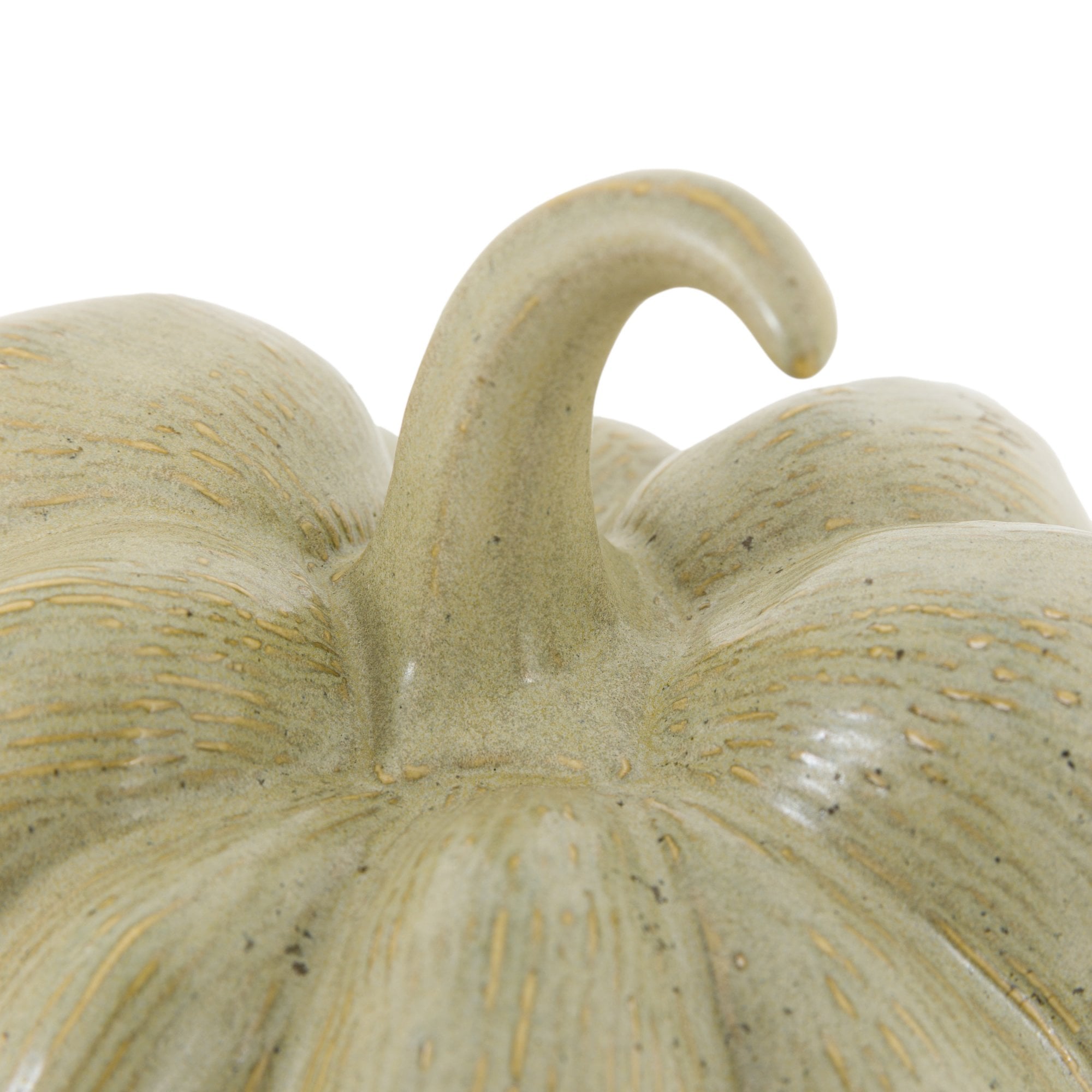 Close-up of the stem and textured surface of a light green ceramic pumpkin.