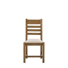Front view of a single oak ladder-back dining chair with a cream seat.