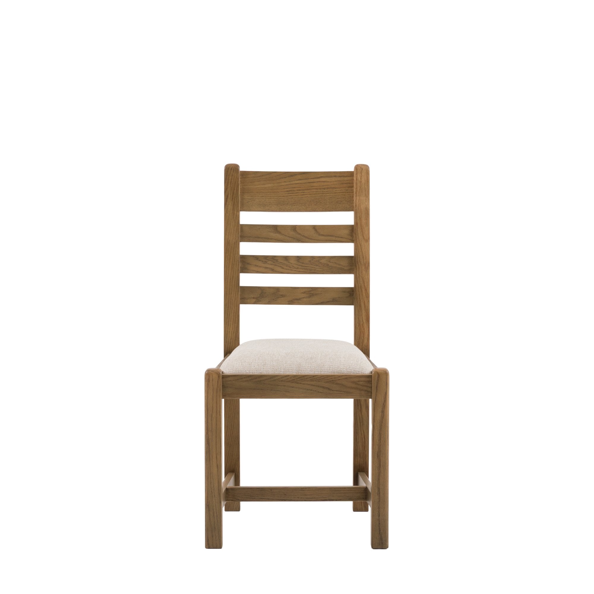 Front view of a single oak ladder-back dining chair with a cream seat.