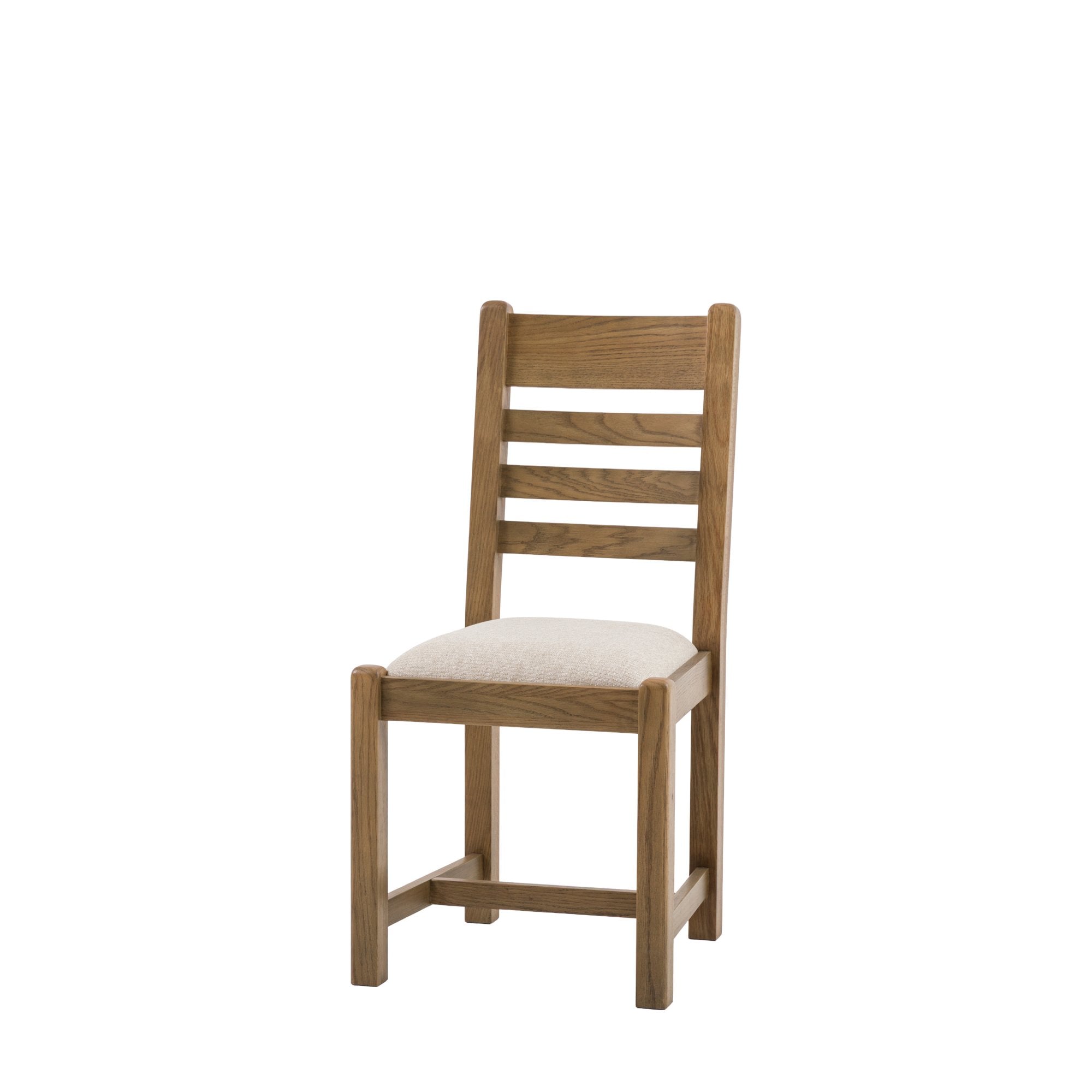 Front 3/4 view of a single oak ladder-back dining chair with a cream seat.