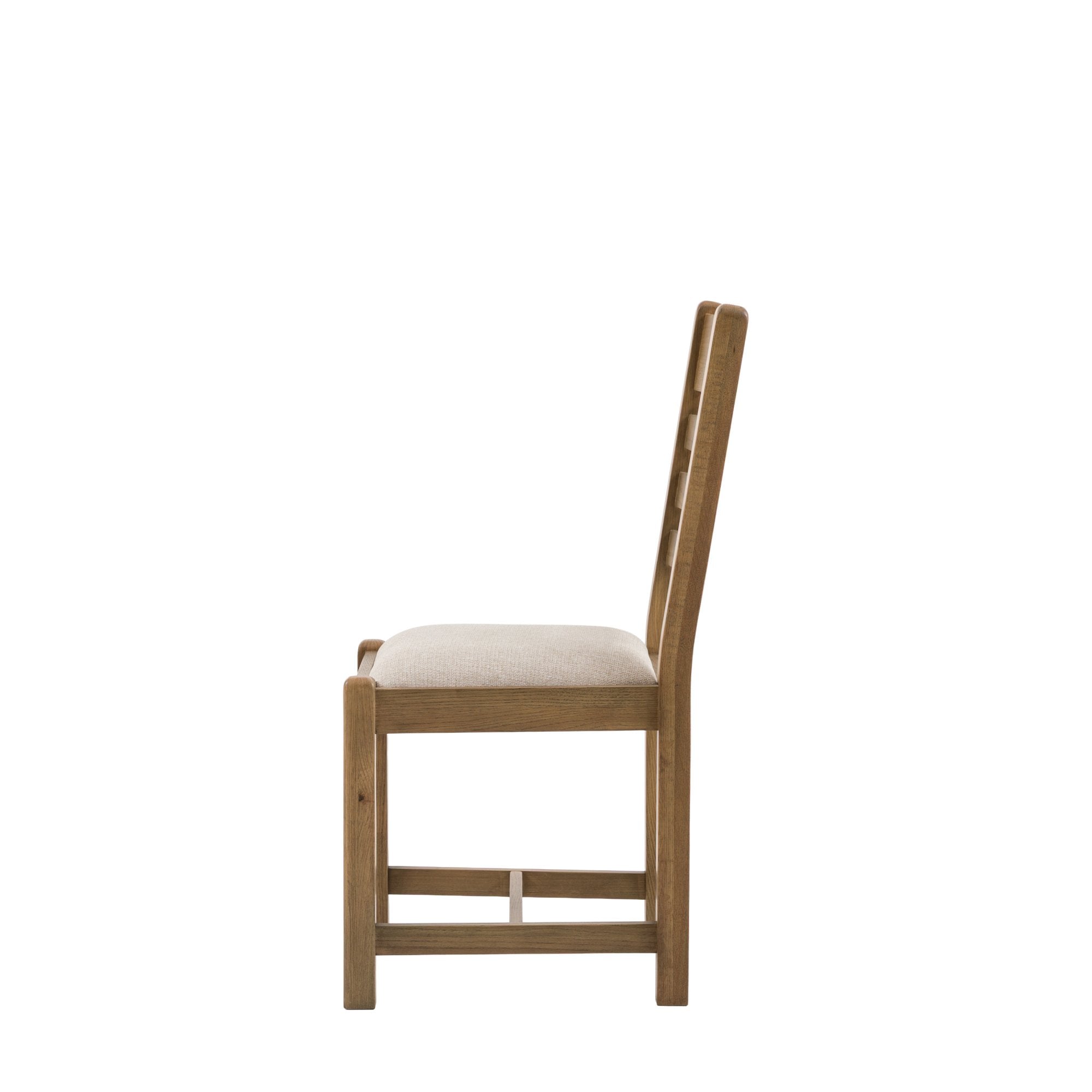 Side view of a single oak ladder-back dining chair with a cream seat.