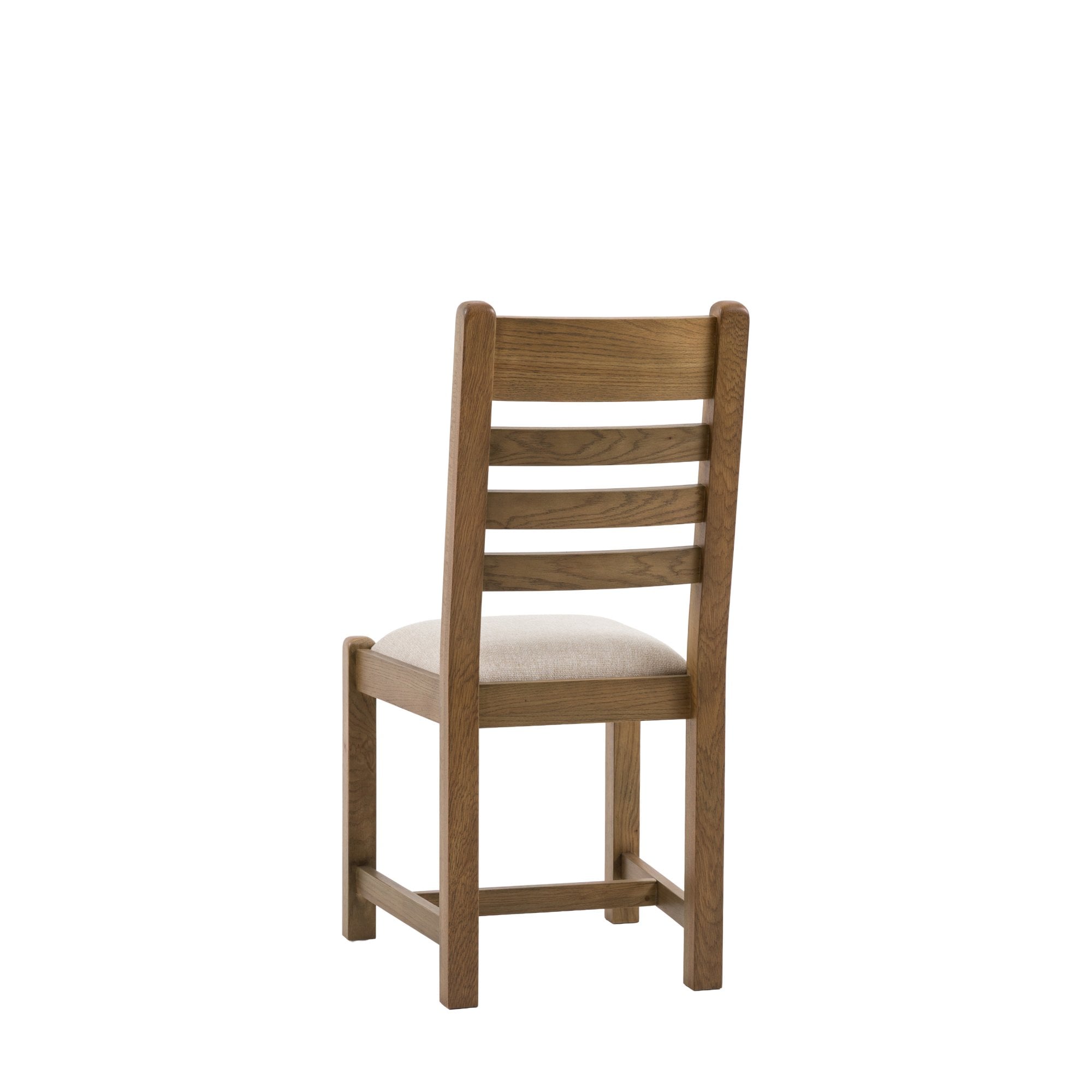 Back view of a single oak ladder-back dining chair with a cream seat.
