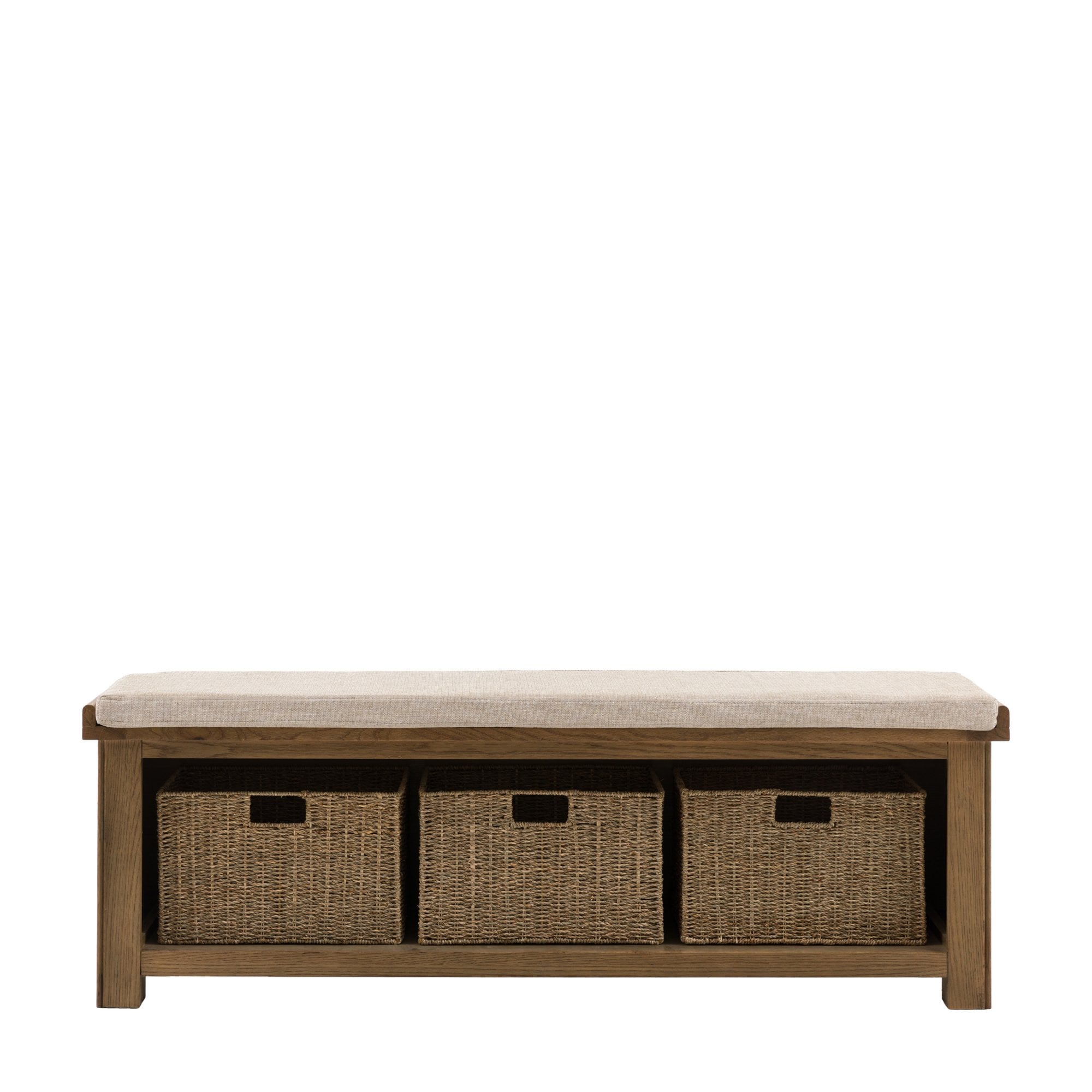 A front view of the wooden storage bench with three wicker baskets and a cushioned top.
