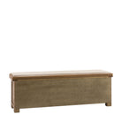 A back view of the wooden storage bench with a cushioned top on a white background.