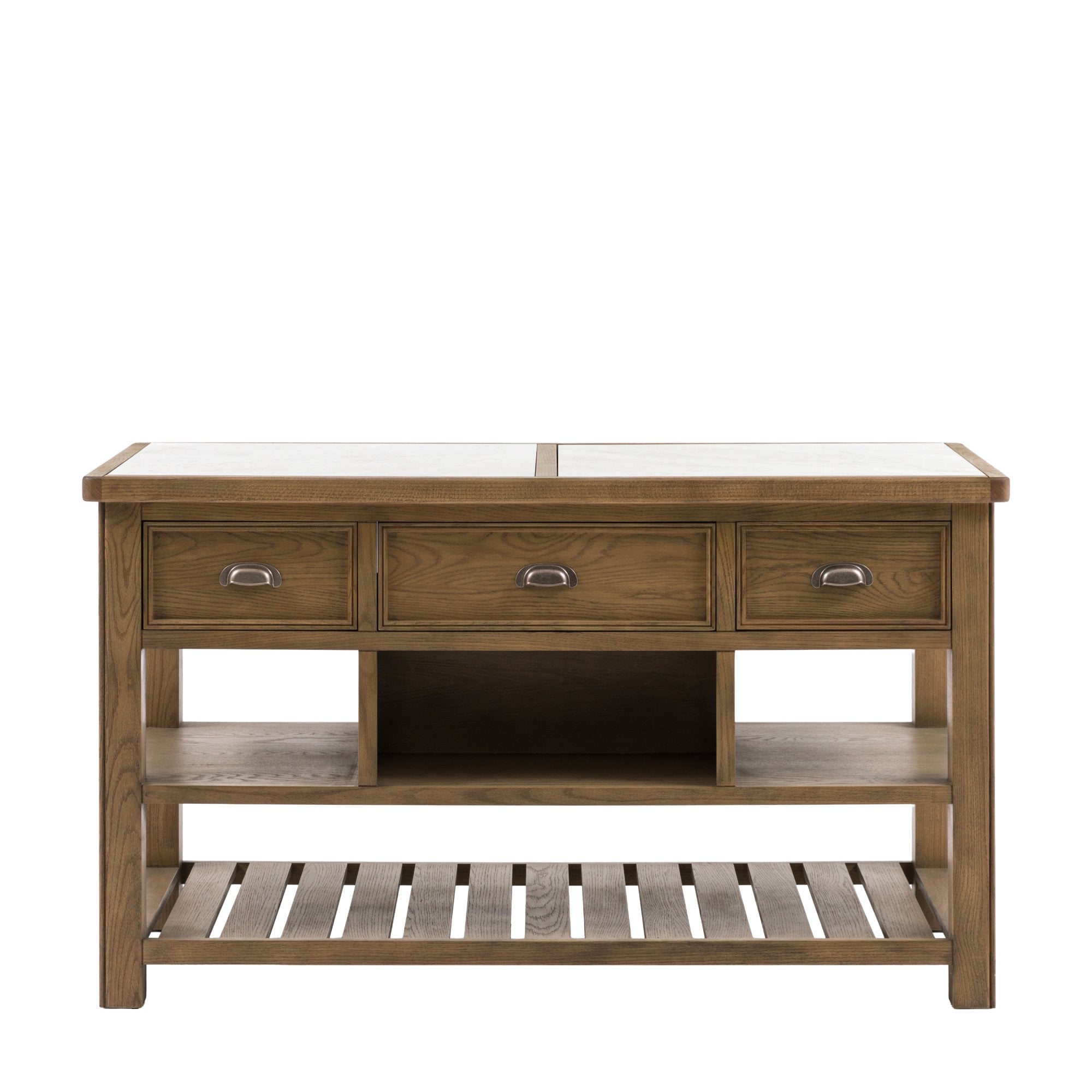 Front view of a rustic wooden kitchen island with a marble top and three drawers.