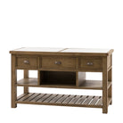 Angled view of a rustic wooden kitchen island, showing the marble top and storage.