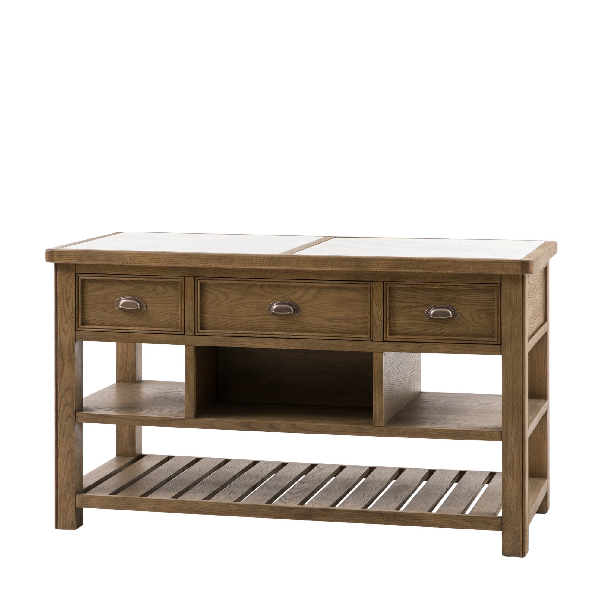 Angled view of a rustic wooden kitchen island, showing the marble top and storage.