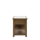 Side view of a rustic wooden kitchen island with a marble top and open shelving.