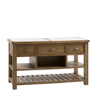 Front-angled view of a rustic wooden kitchen island, highlighting its storage features.