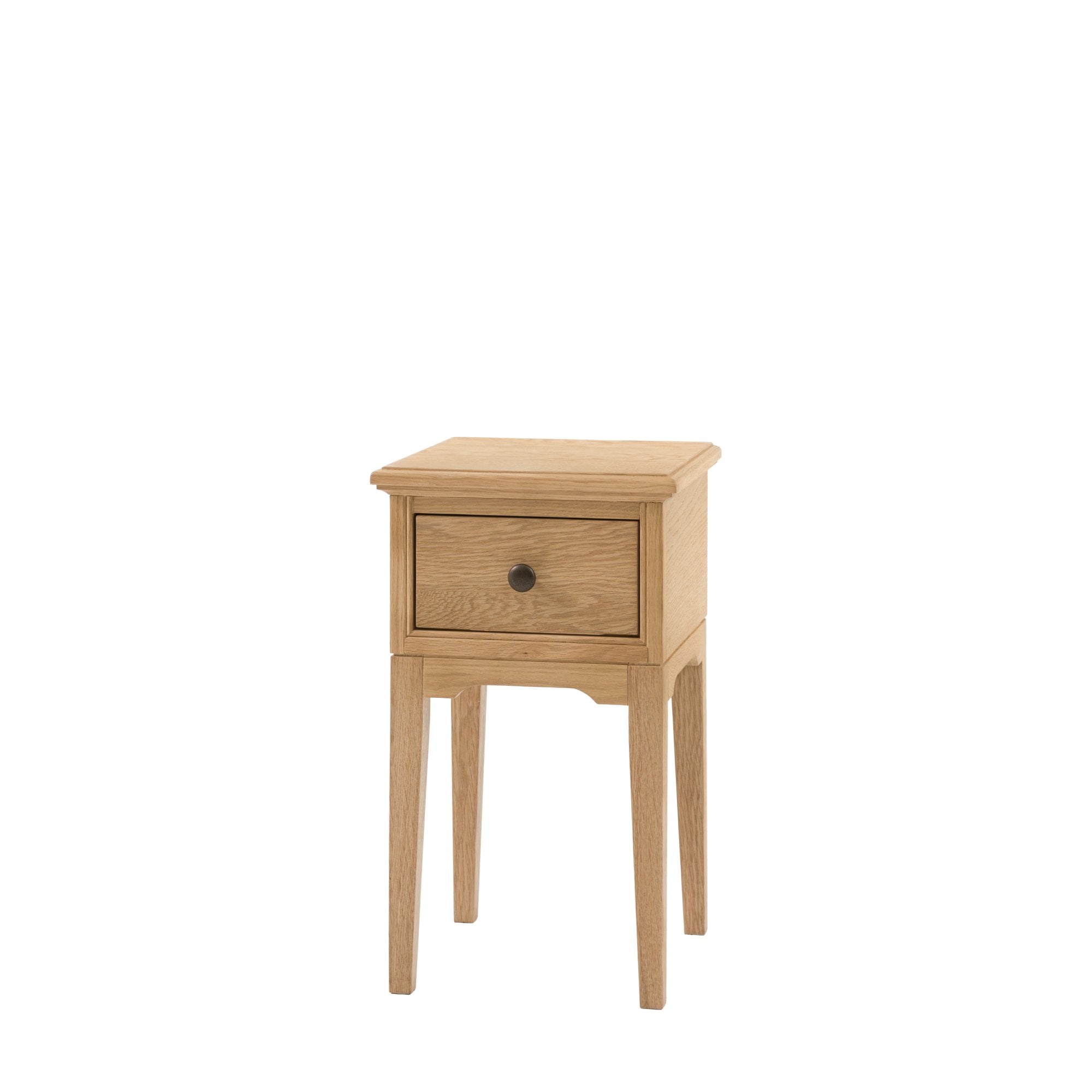 A front angle of a bedside table.