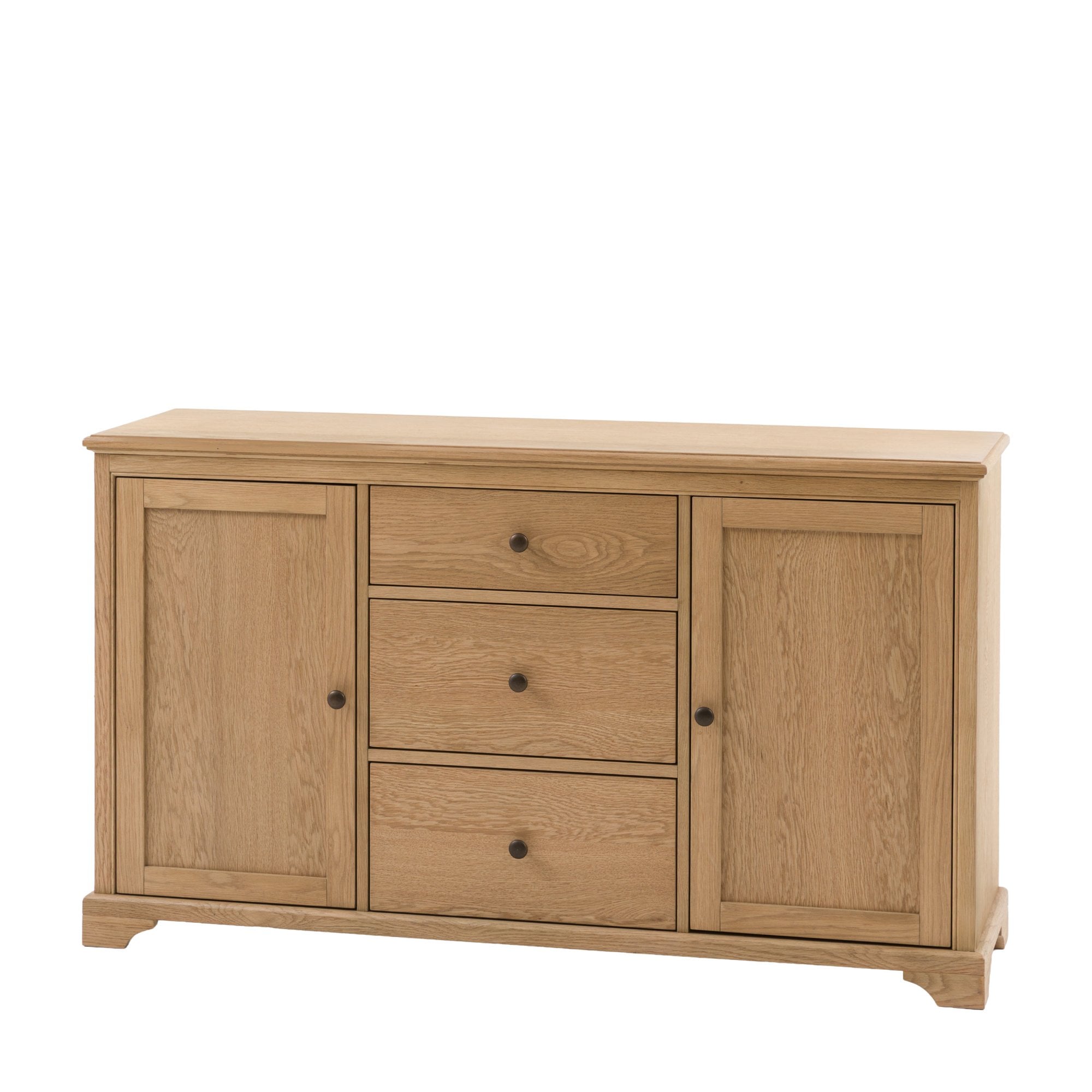 An angled view of the large wooden sideboard against a white background.