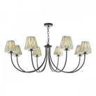 Classic 8-light chandelier with pleated green fabric shades and dark bronze finish.