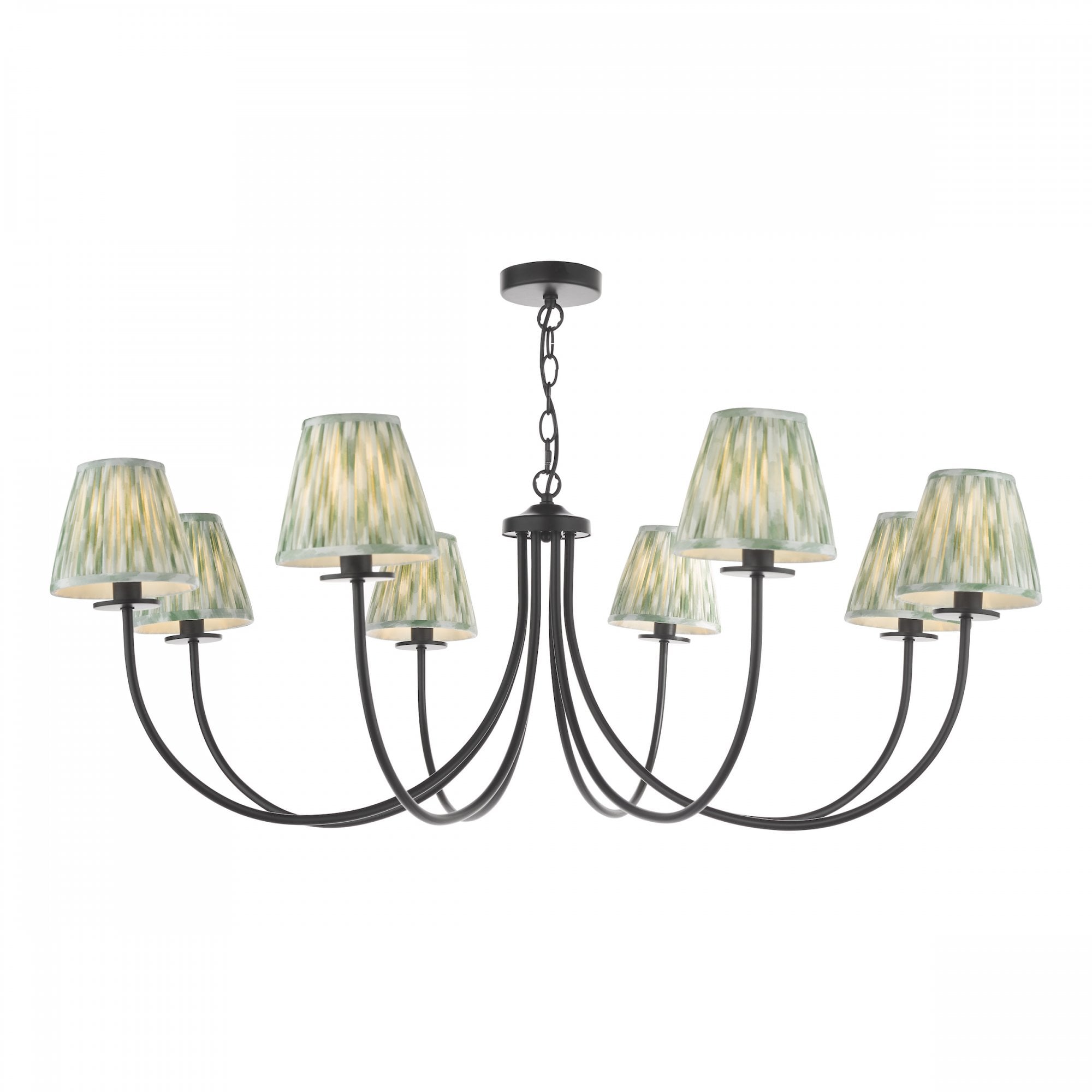 Classic 8-light chandelier with pleated green fabric shades and dark bronze finish.