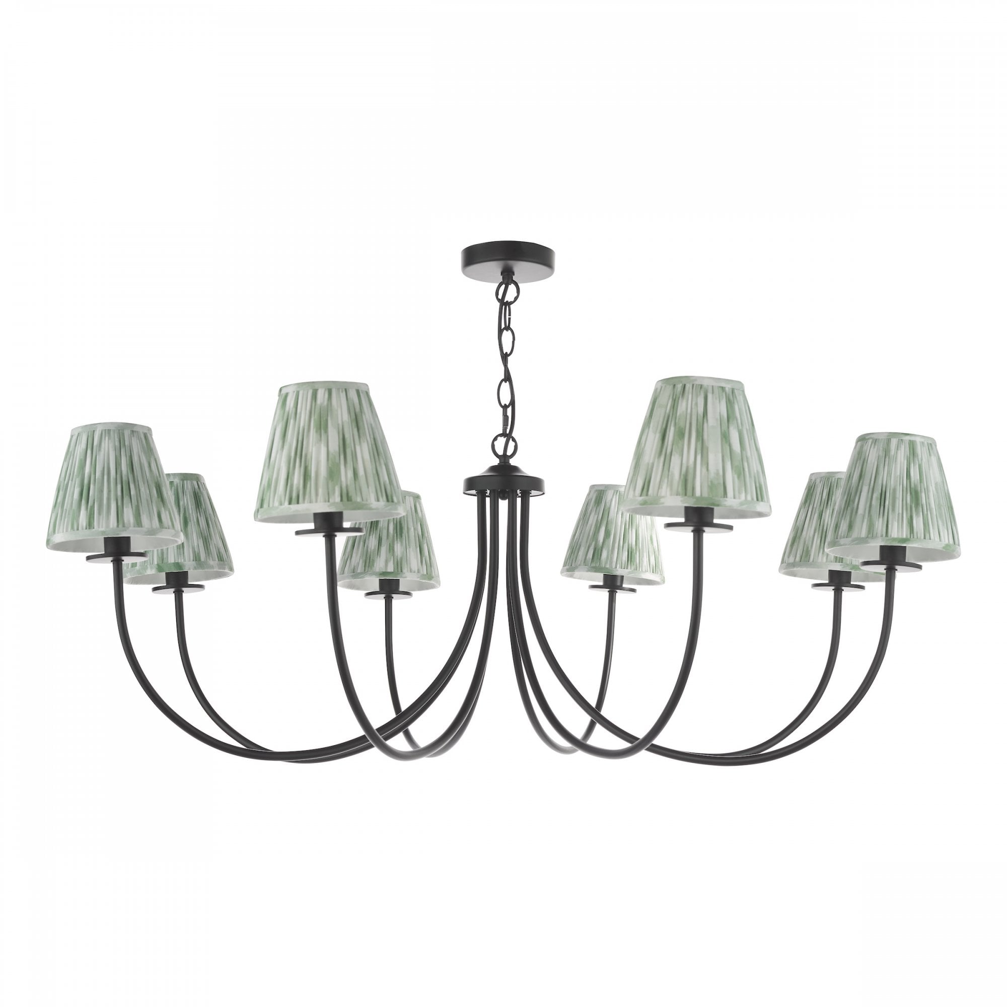 Elegant 8-arm chandelier with patterned green shades, ideal for a dining room.