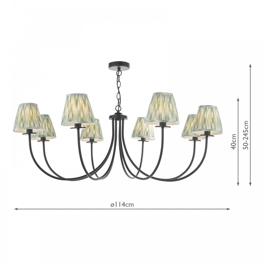 Chandelier with dimensions: 114cm wide, 40cm high, adjustable chain up to 245cm.