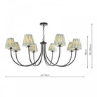 Chandelier with dimensions: 114cm wide, 40cm high, adjustable chain up to 245cm.
