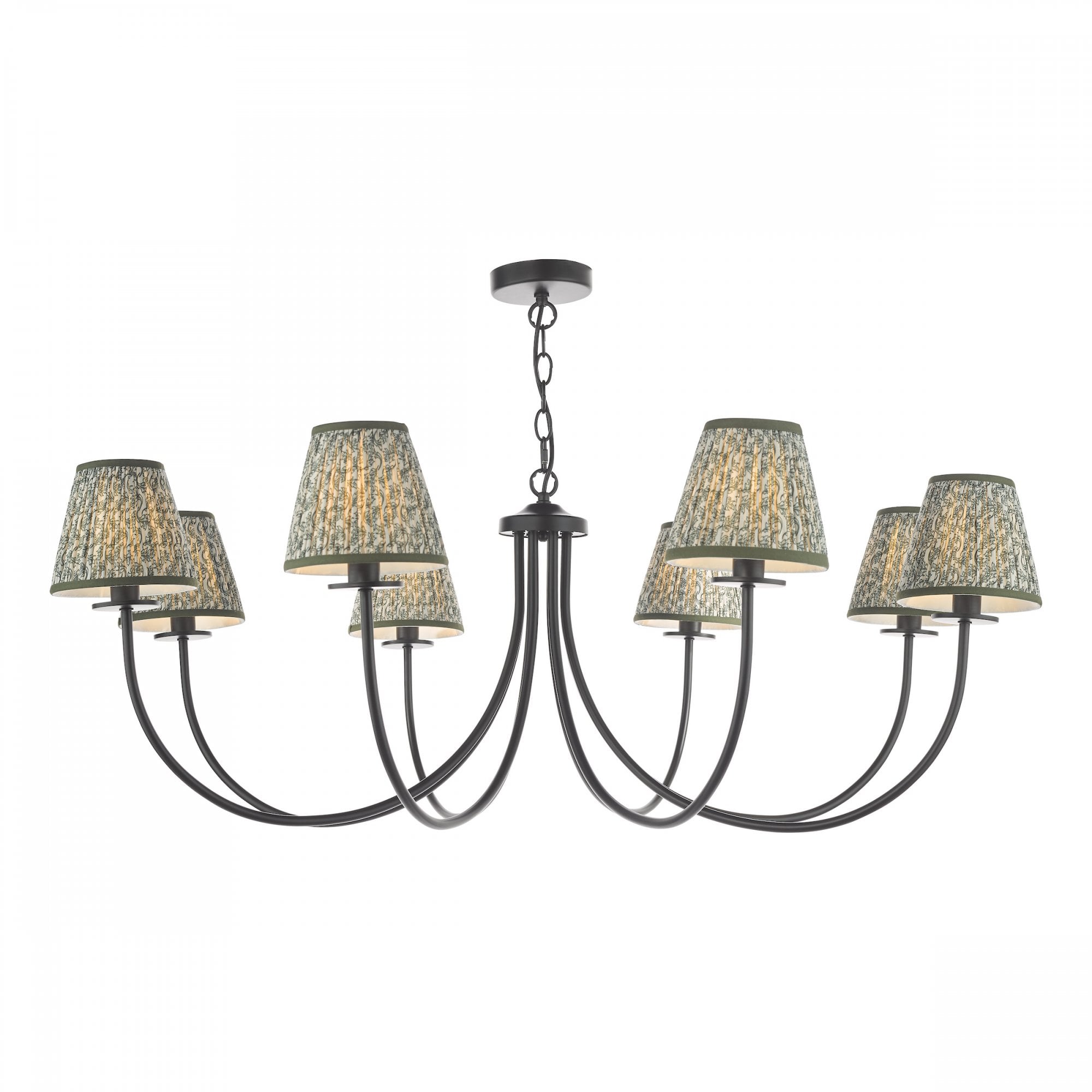 A black chandelier with eight arms and patterned lampshades.