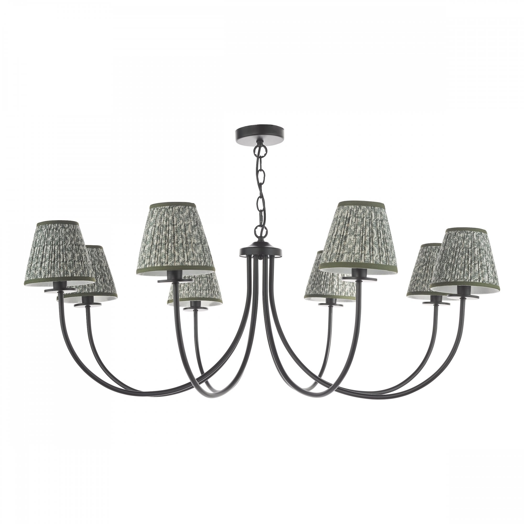A black chandelier with eight arms and patterned lampshades.