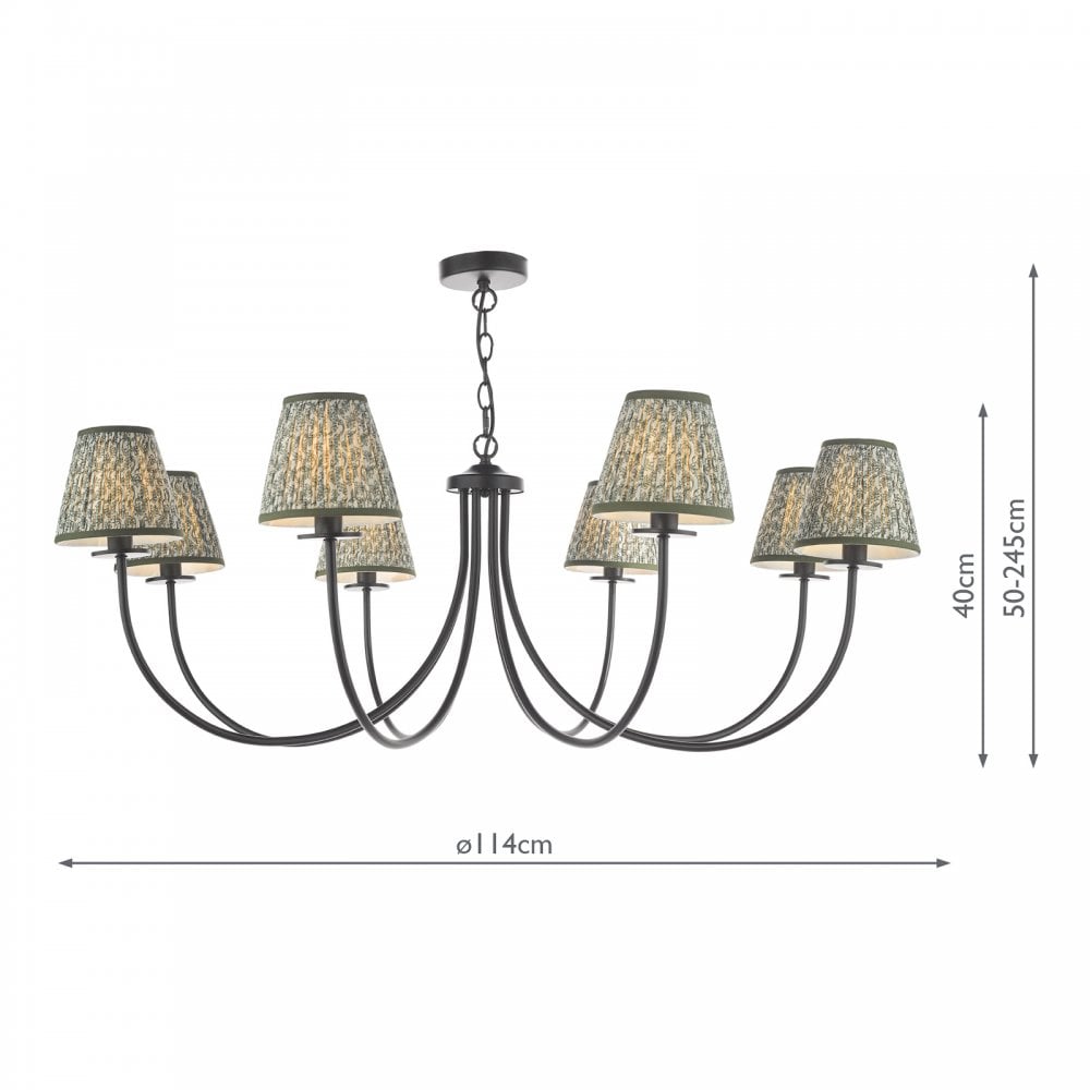A black chandelier with eight patterned shades, showing dimensions.