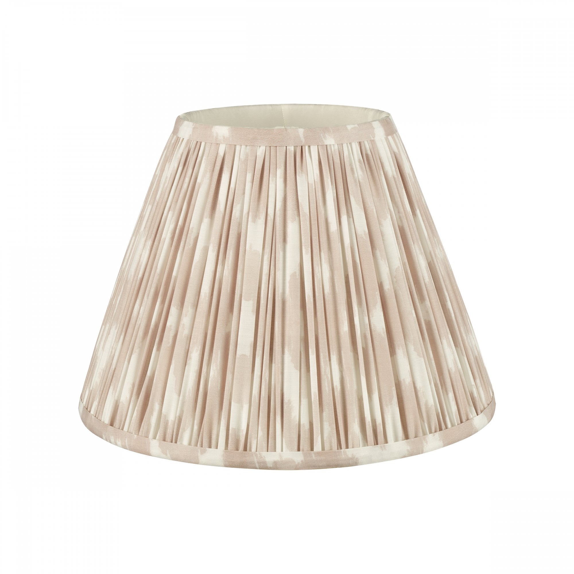 A pleated lamp shade in an off-white and pale brown vertical stripe pattern.