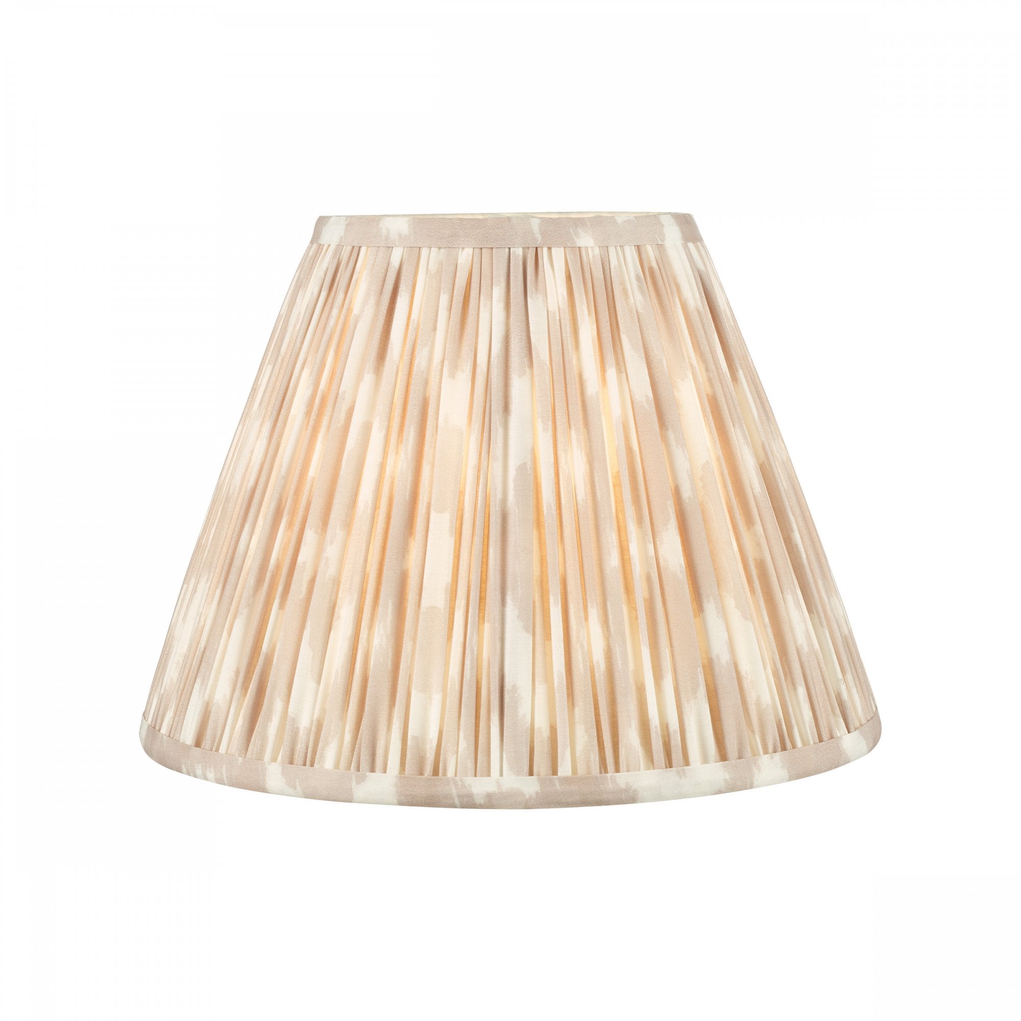A pleated lamp shade in an off-white and pale brown vertical stripe pattern.