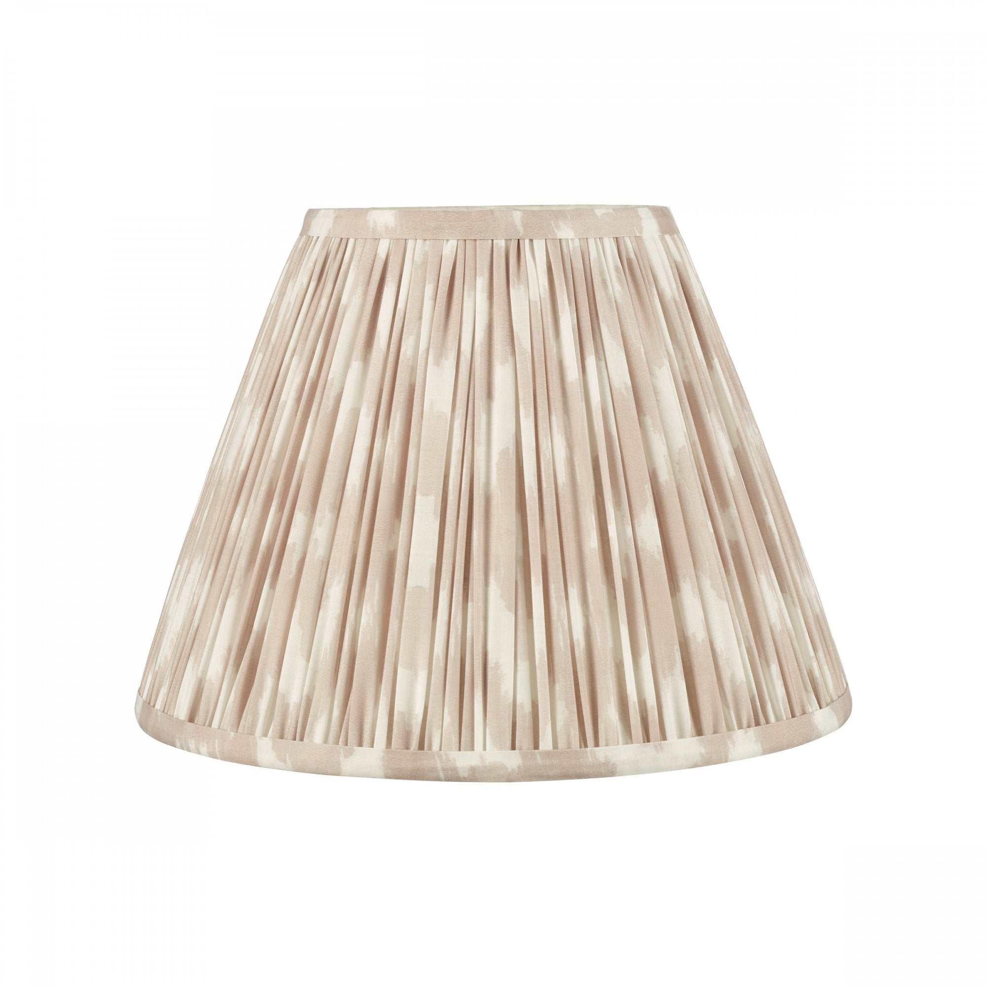A pleated lamp shade in an off-white and pale brown vertical stripe pattern.
