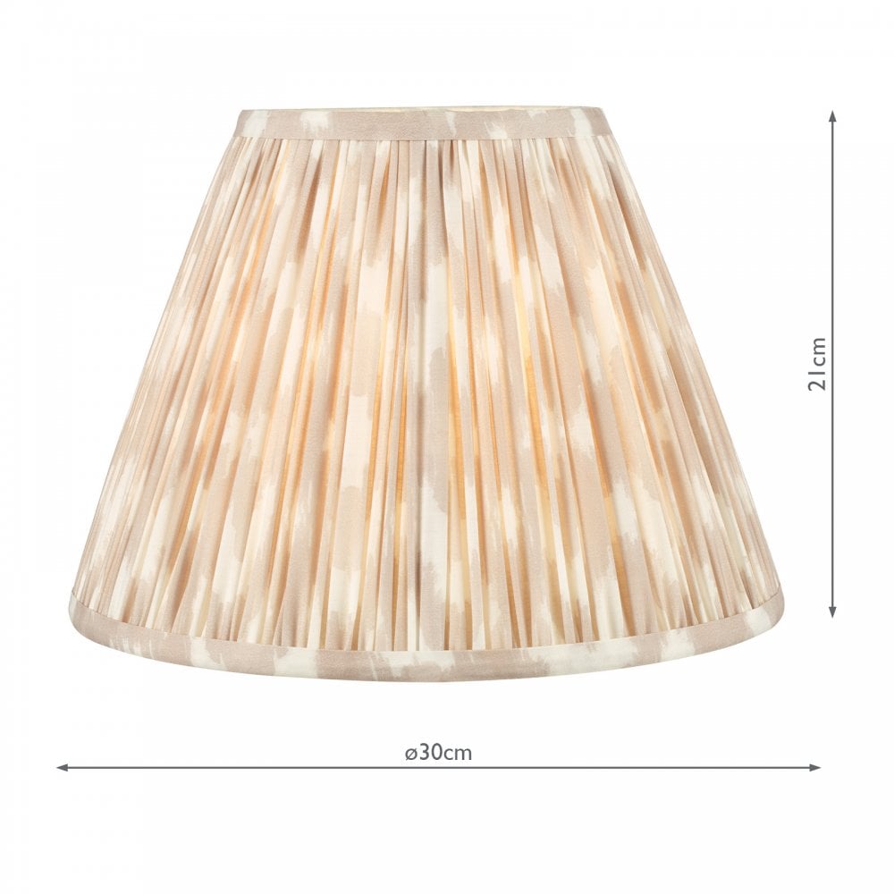 A pleated lamp shade in an off-white and pale brown vertical stripe pattern, with dimensions labeled.