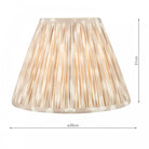 A pleated lamp shade in an off-white and pale brown vertical stripe pattern, with dimensions labeled.