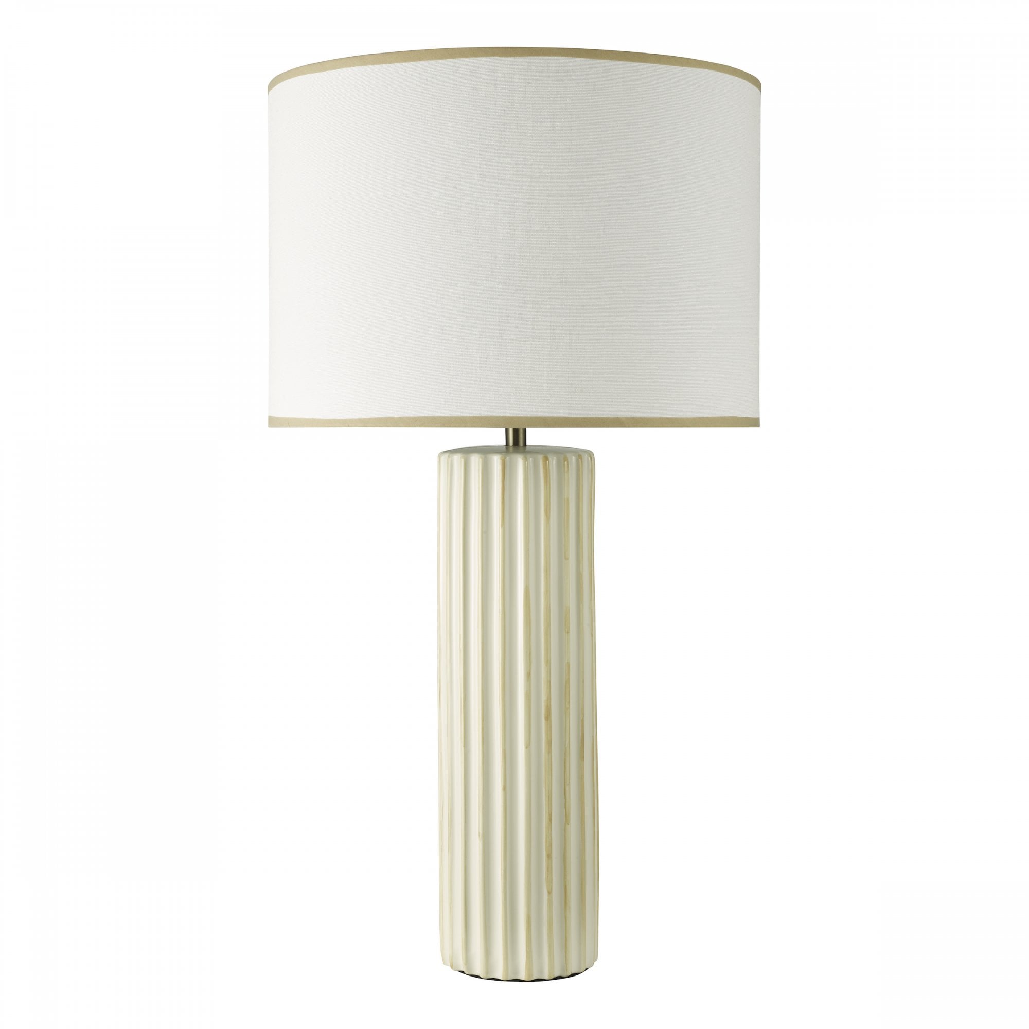 A white fluted table lamp with a cream shade, against a white background.