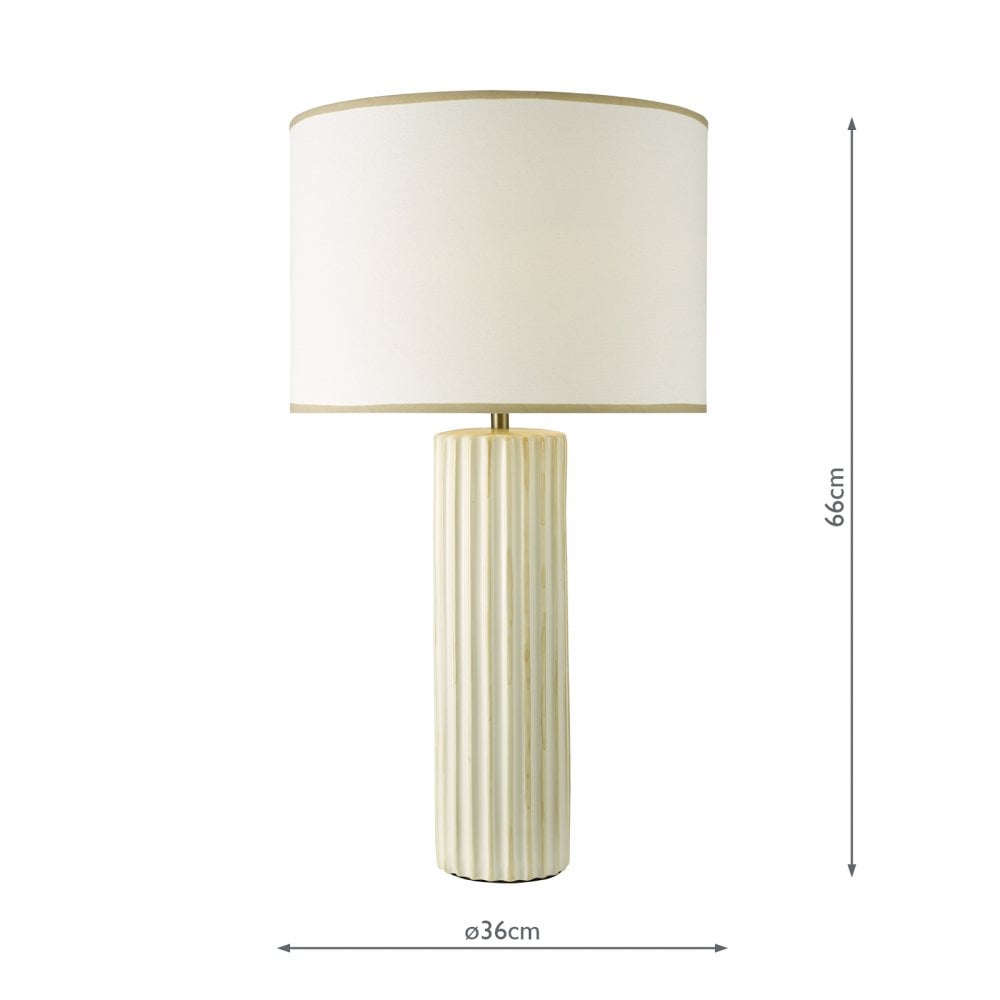 A white fluted table lamp with its dimensions: 66cm height and 36cm diameter.