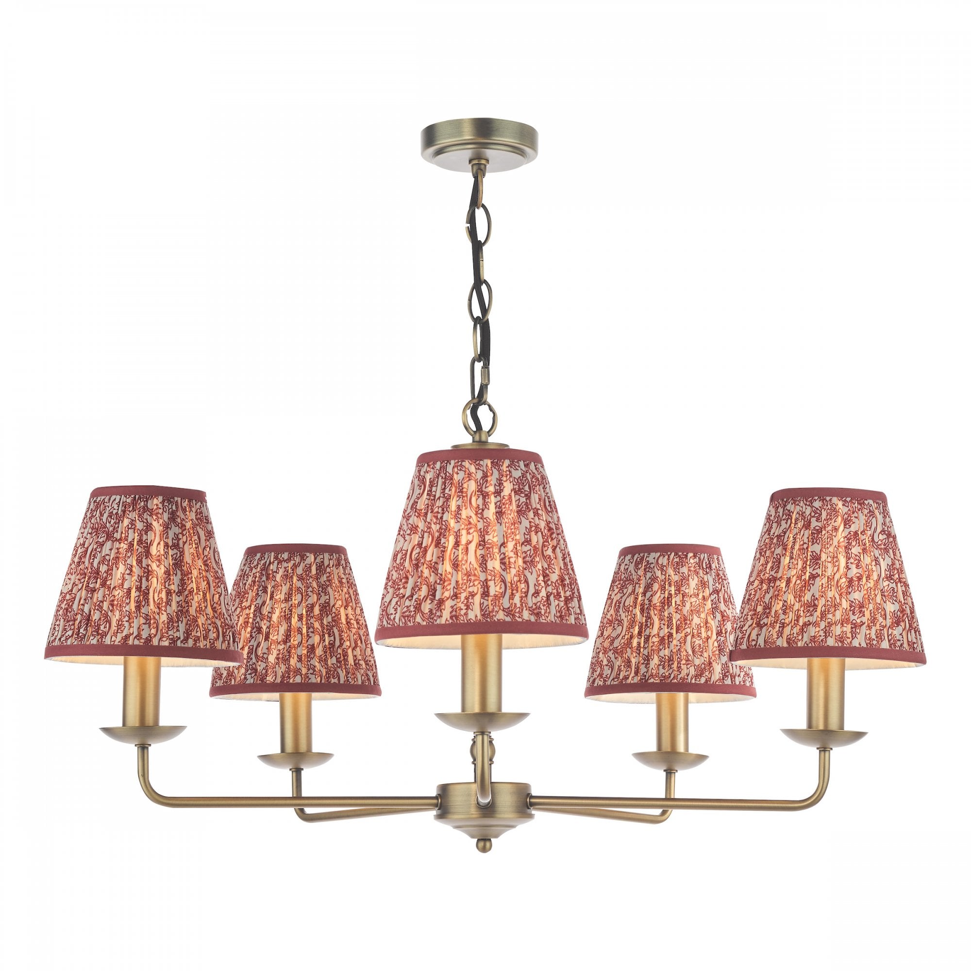 A brass five-arm chandelier with red patterned fabric shades against a white background.