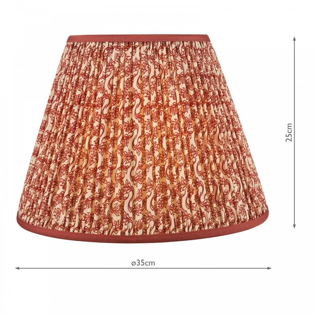 A pleated red and white patterned lamp shade with dimensions of 35cm diameter and 25cm height.