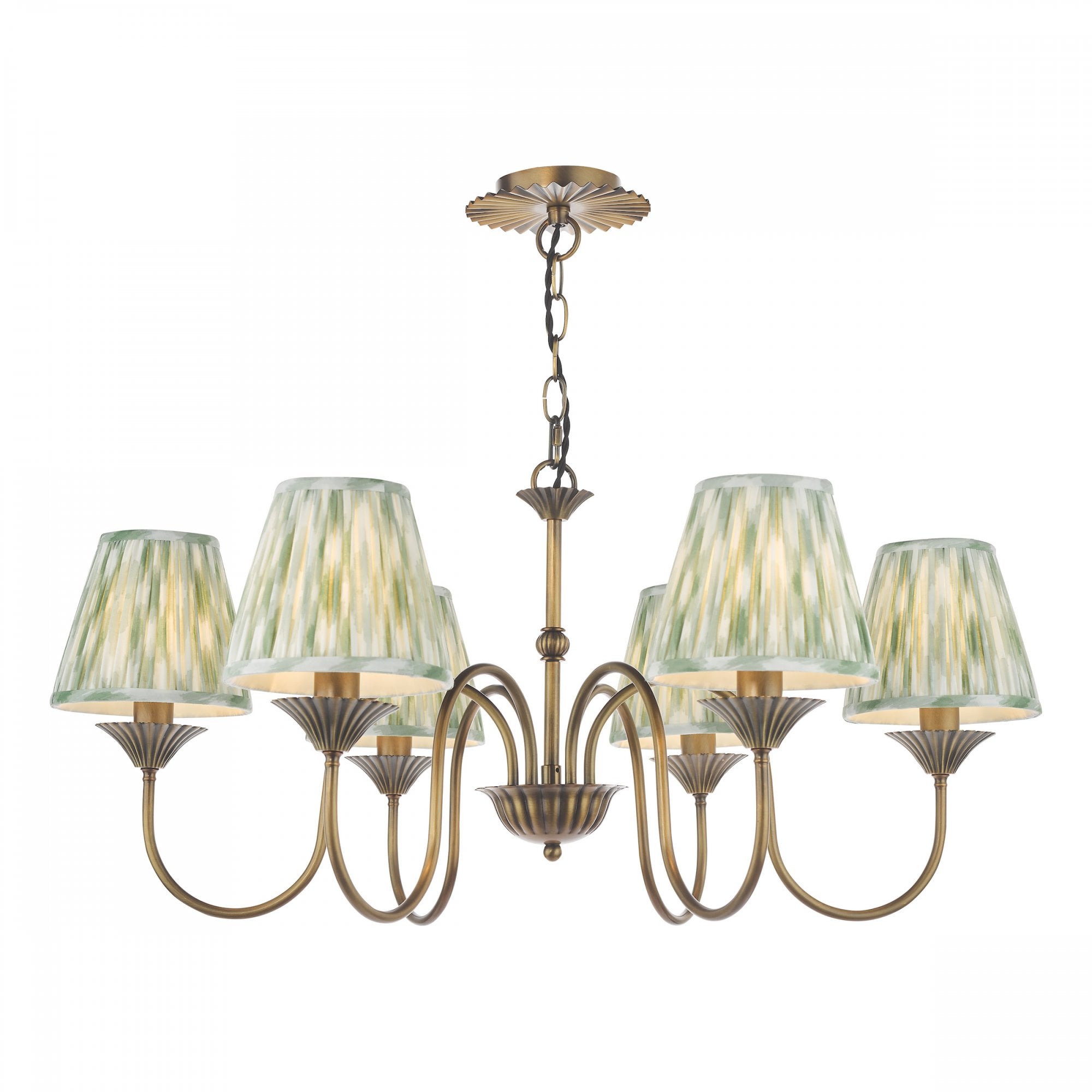 A brass chandelier with six green pleated shades.