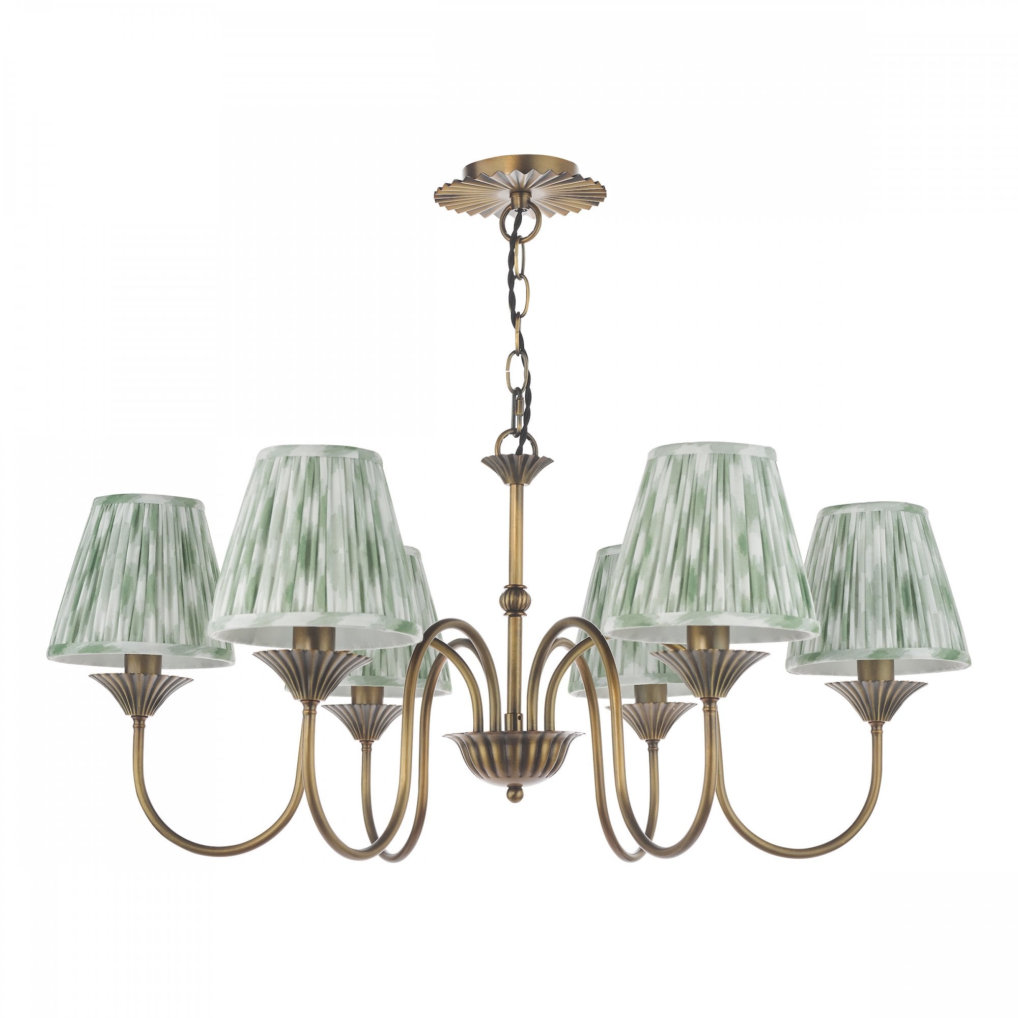 A brass chandelier with six green pleated shades.