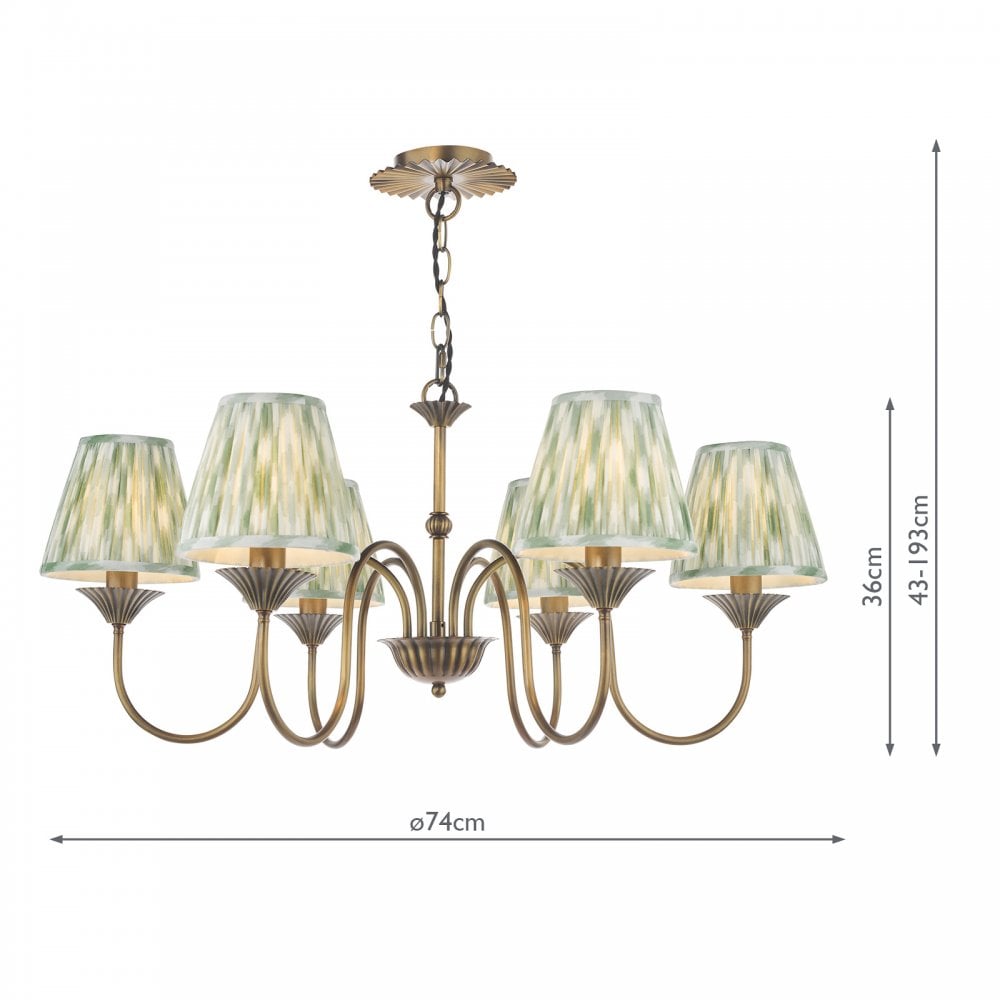 A brass chandelier with six green pleated shades, with measurements overlaid.