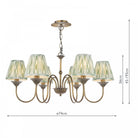 A brass chandelier with six green pleated shades, with measurements overlaid.