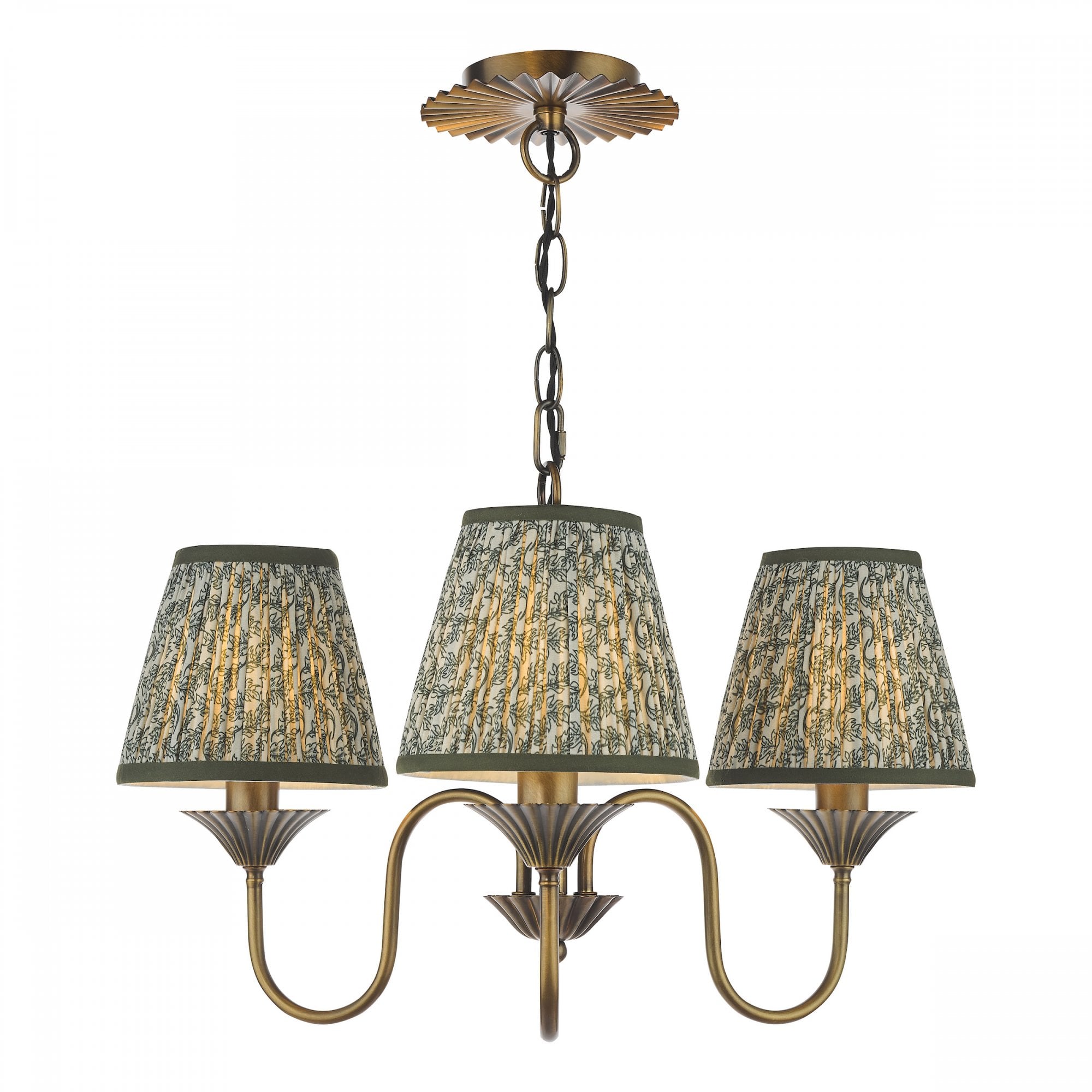 A vintage brass chandelier with three patterned green fabric shades.