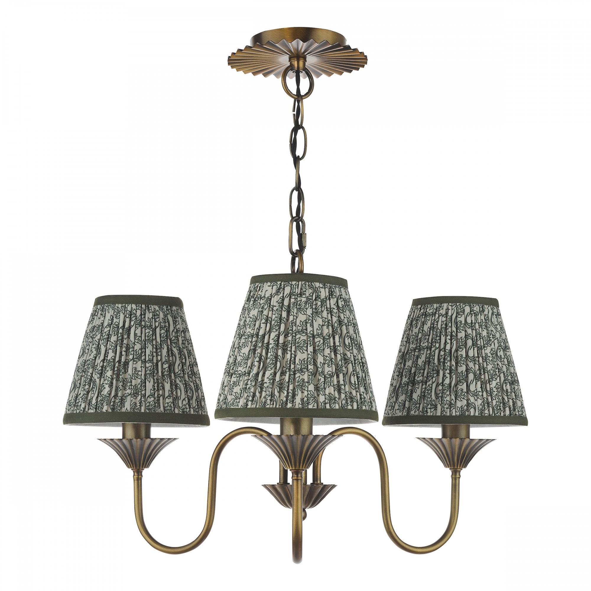 A vintage brass chandelier with three patterned green fabric shades.