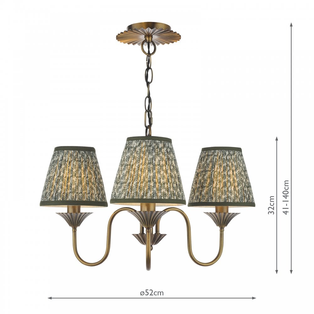 A vintage brass chandelier with three green shades and dimension callouts.