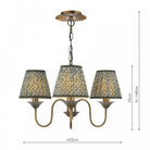 A vintage brass chandelier with three green shades and dimension callouts.