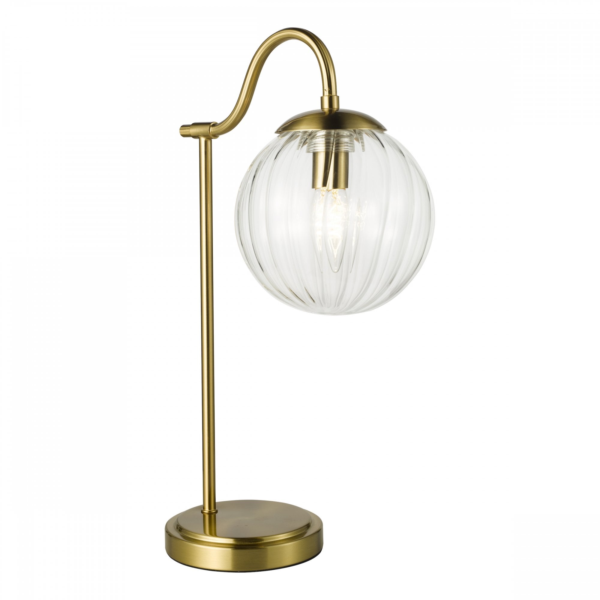 Table lamp with a brass finish and clear ribbed glass shade on a white background.