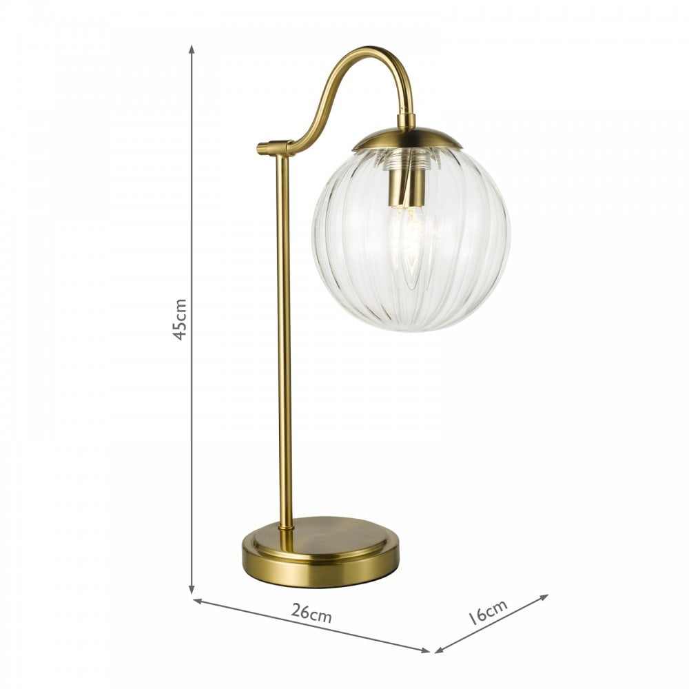 Table lamp with dimensions shown, featuring a brass finish and a clear ribbed glass shade.